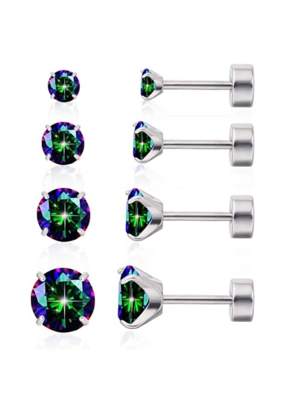 Titanium Flat Back Stud Earrings Hypoallergenic Screw Back CZ 20G 4 Pair Set